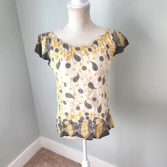 LUCKY BRAND WOMEN'S BOHEMIAN STYLE TOP YELLOW AND CHARCOAL SIZE XS - Picture 1 of 6